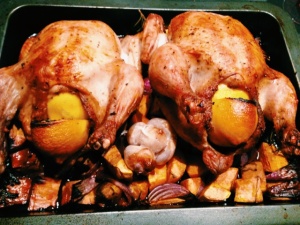 Roasted chicken with sweet potatoes.  Yum!